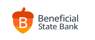 Beneficial State Bank logo featuring an orange acorn with a white letter “B” next to the bank’s name in gray and green text.