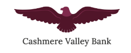A maroon eagle with outstretched wings above the text “Cashmere Valley Bank” in serif font on a white background.