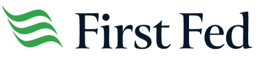 First Fed logo with three green wave-like lines to the left of the black text “First Fed” on a white background.