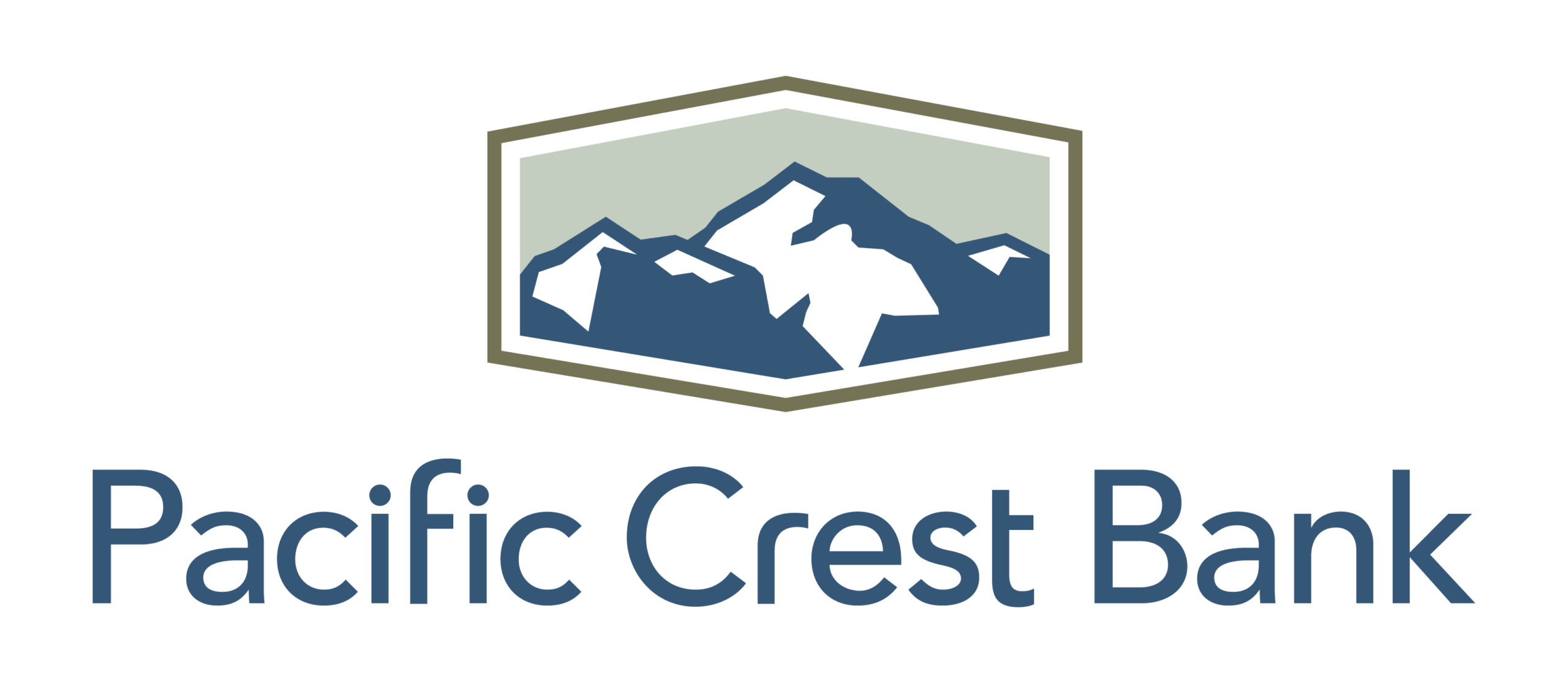 Pacific Crest Bank logo with stylized blue and white mountains inside a hexagon above the bank’s name in blue text on a light background.