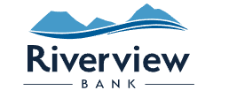 Riverview Bank logo with blue mountains and river graphic above the bank name in bold letters.