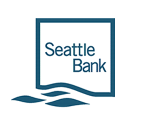 Seattle Bank logo with a blue square outline, the words “Seattle Bank” inside, and three blue wave shapes below the square.