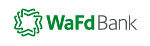 WaFd Bank logo with a green abstract star symbol on the left and the words “WaFd Bank” in green and gray text on the right.