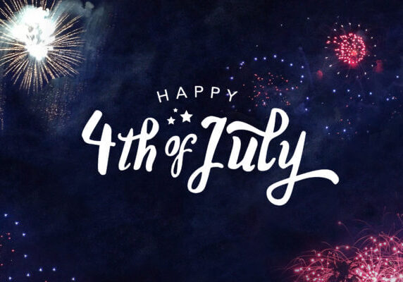 White text reading “Happy 4th of July” on a dark blue background with fireworks in red, white, and gold.