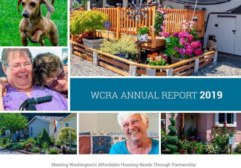 Collage showing seniors, a dog, flowers, a garden, and a housing unit with text: “WCRA Annual Report 2019. Meeting Washington’s Affordable Housing Needs Through Partnership.” This visually engaging representation highlights the mission and impact of the Washington Community Reinvestment Association annual reports.