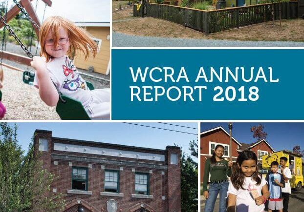 Collage showing people in a garden, children playing, colorful houses, a brick building, and the text “WCRA Annual Report 2018” in the center, reflecting the vibrant communities highlighted in Washington Community Reinvestment Association annual reports.