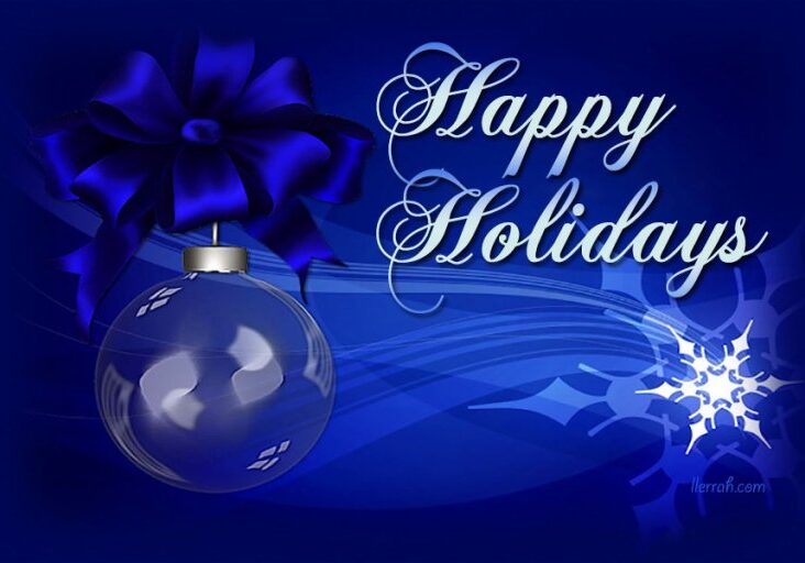 Blue background with a blue ribbon, a glass ornament, and white script text that reads “Happy Holidays” next to a white snowflake design, all beautifully capturing the festive spirit of WCRA’s holiday season.