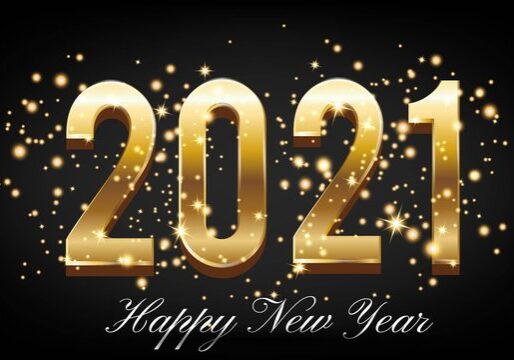Gold 2021 numbers with sparkling lights on a black background, featuring “Happy New Year” written below in elegant cursive white text.