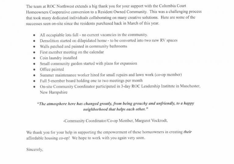 A letter from ROC Northwest, titled “Thank You,” expressing gratitude to the WCRA Team for their support and highlighting project achievements at Columbia Court, with signatures from two coordinators at the bottom.