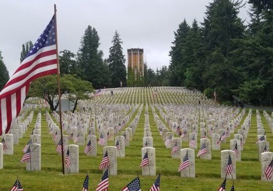 Rows of gravestones with American flags in a cemetery, surrounded by trees, under a cloudy sky. A large American flag is on a pole in the foreground, honoring veterans on this solemn Veterans Day holiday.