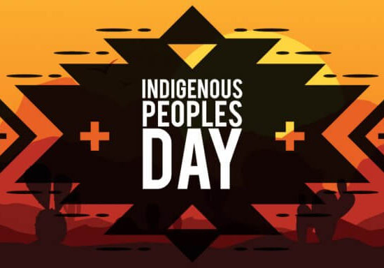 Text reads “Indigenous Peoples Day” over a stylized geometric design, celebrating Indigenous Peoples with a striking desert landscape and cacti in shades of orange and black.