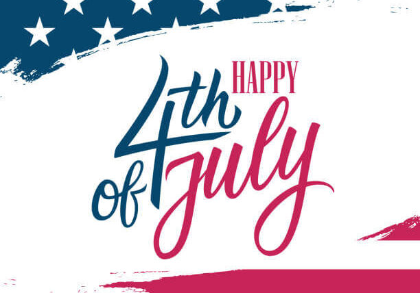 Happy 4th of July“ text with blue stars in the top left and red stripes at the bottom, resembling the American flag—a festive design perfect for celebrating the Independence Day holiday.
