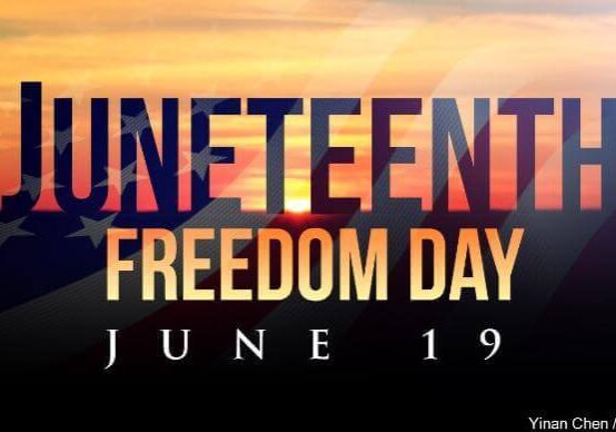 Text reads “Juneteenth Freedom Day June 19” over a sunset with a faint American flag in the background, perfectly capturing the spirit of this important Juneteenth holiday and its celebration of freedom.